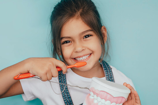A pediatric dental patient smiles and holds a model of teeth and a toothbrush
